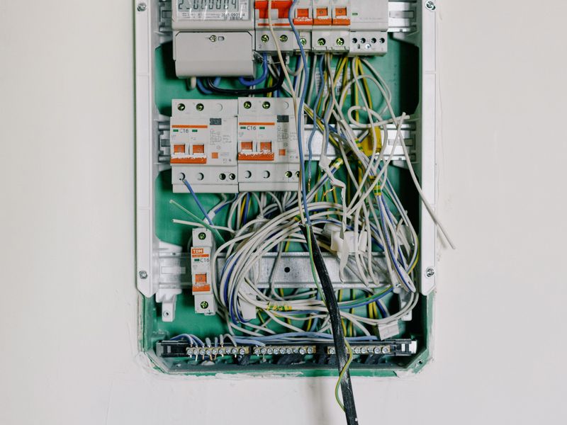 Open consumer unit with circuit breakers freshly wired on a wall